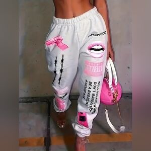 100% Cotton White Sweatpants with Pink Graphic Design